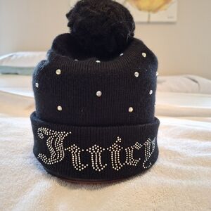 Juicy Couture Black Knit Beanie With Metallic Beads And Pom Pom